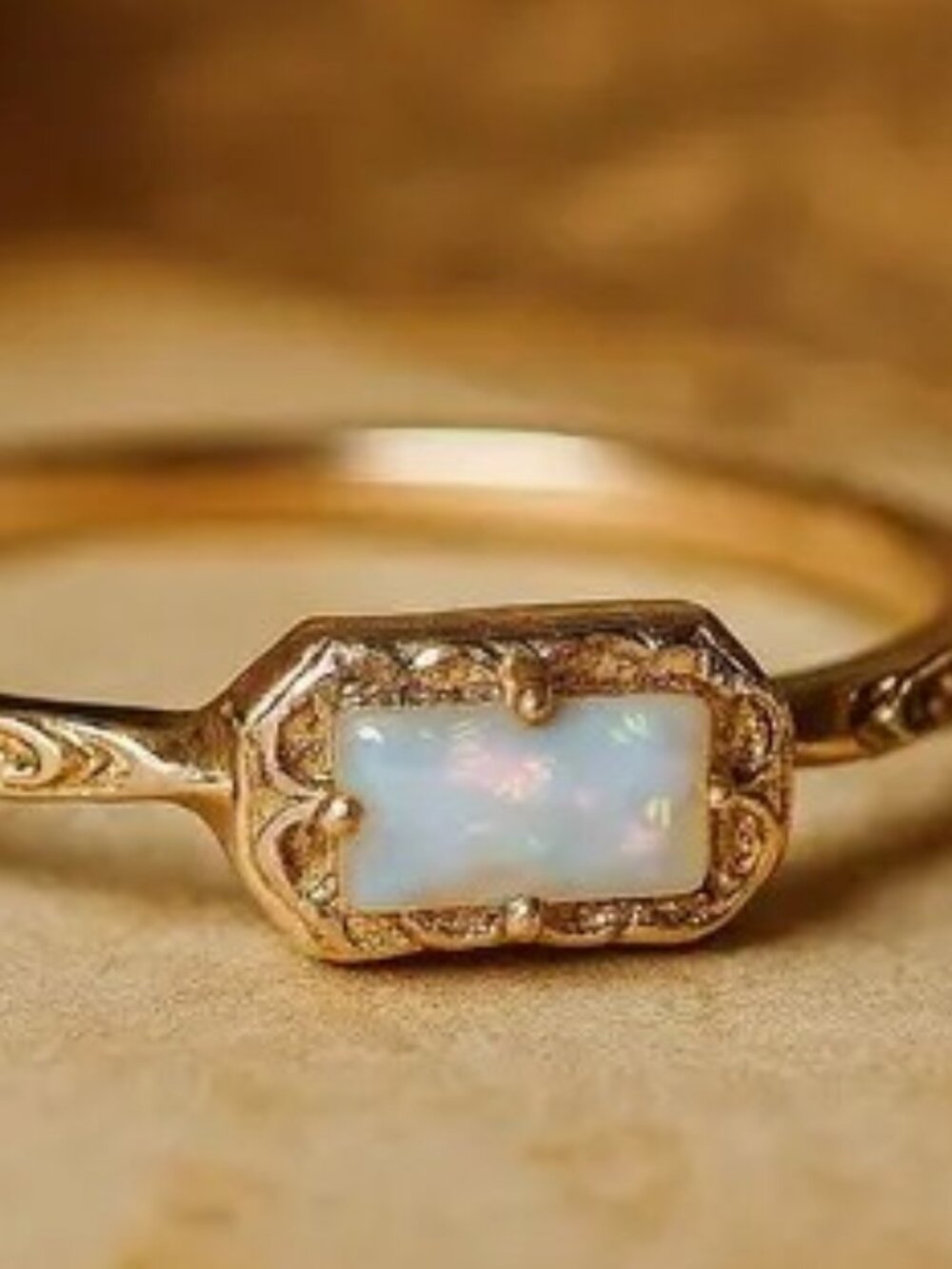 New Dainty Opal Bag Baguette Ring, 925 Sterling Silver Gold Plated Ring